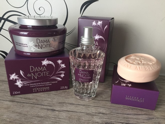 perfume, hidratante iluminador e sabonete dama da noite loccitane