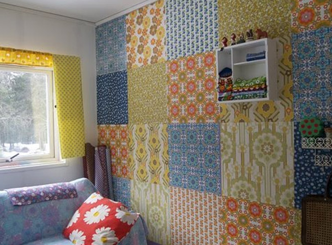decoração de parede com colagem de tecidos patchwork