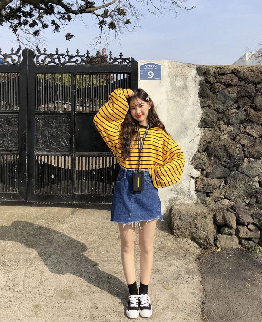 moda-coreana-saia-jeans-moletom-amarelo-listrado