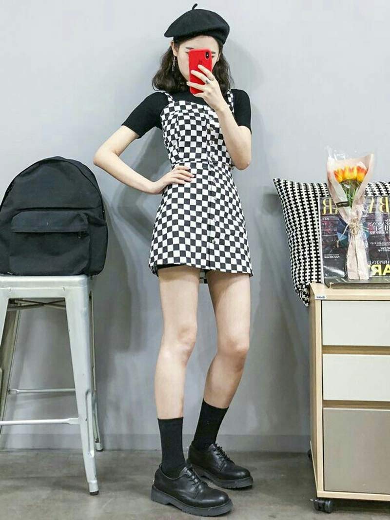 moda-coreana-vestido-quadriculado-preto-e-branco