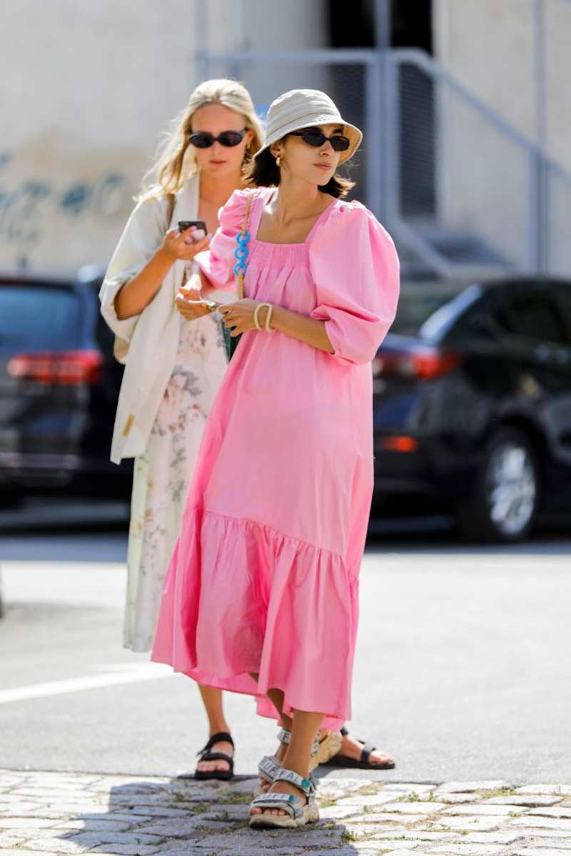 vestido long rosa sandalia de velcro chapeu pescador looks mulheres alta
