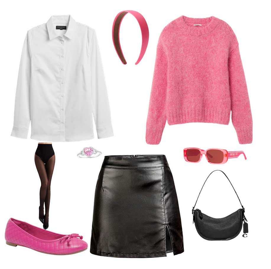 saia de couro preta camisa branca suéter rosa